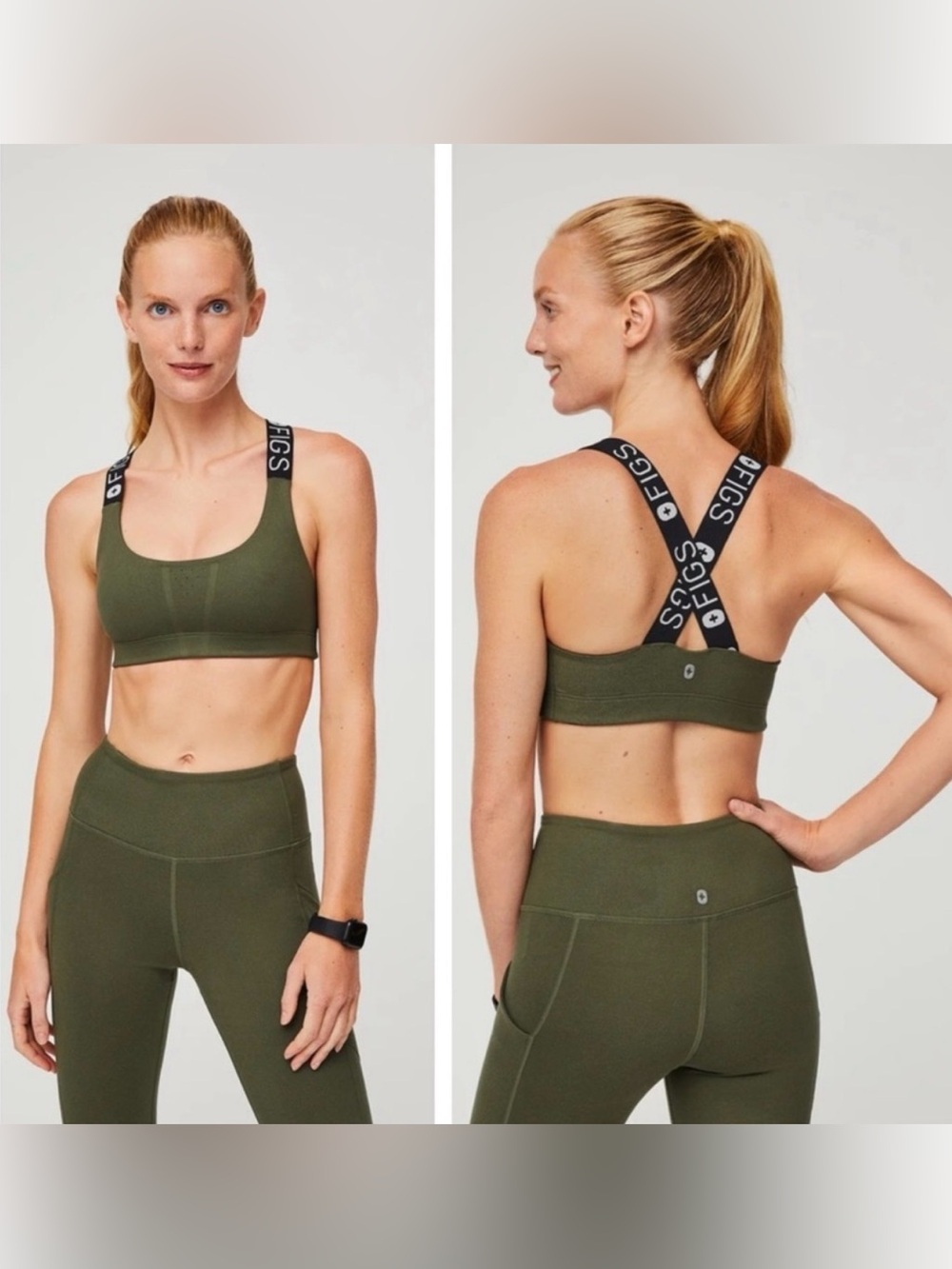 Figs 300 Performance Underscrub Olive Green Logo-Strap Sports Bra XL